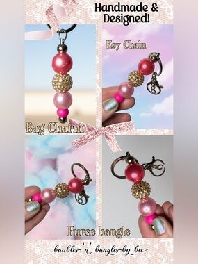Hand Crafted Pink & Gold Beaded Keyring Charm